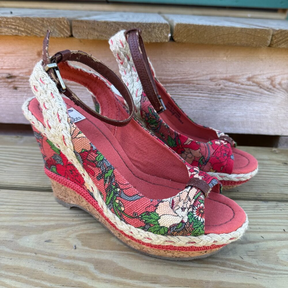 Sakroots 4-1/2" Cork Wedge Open Toe Floral Shoes